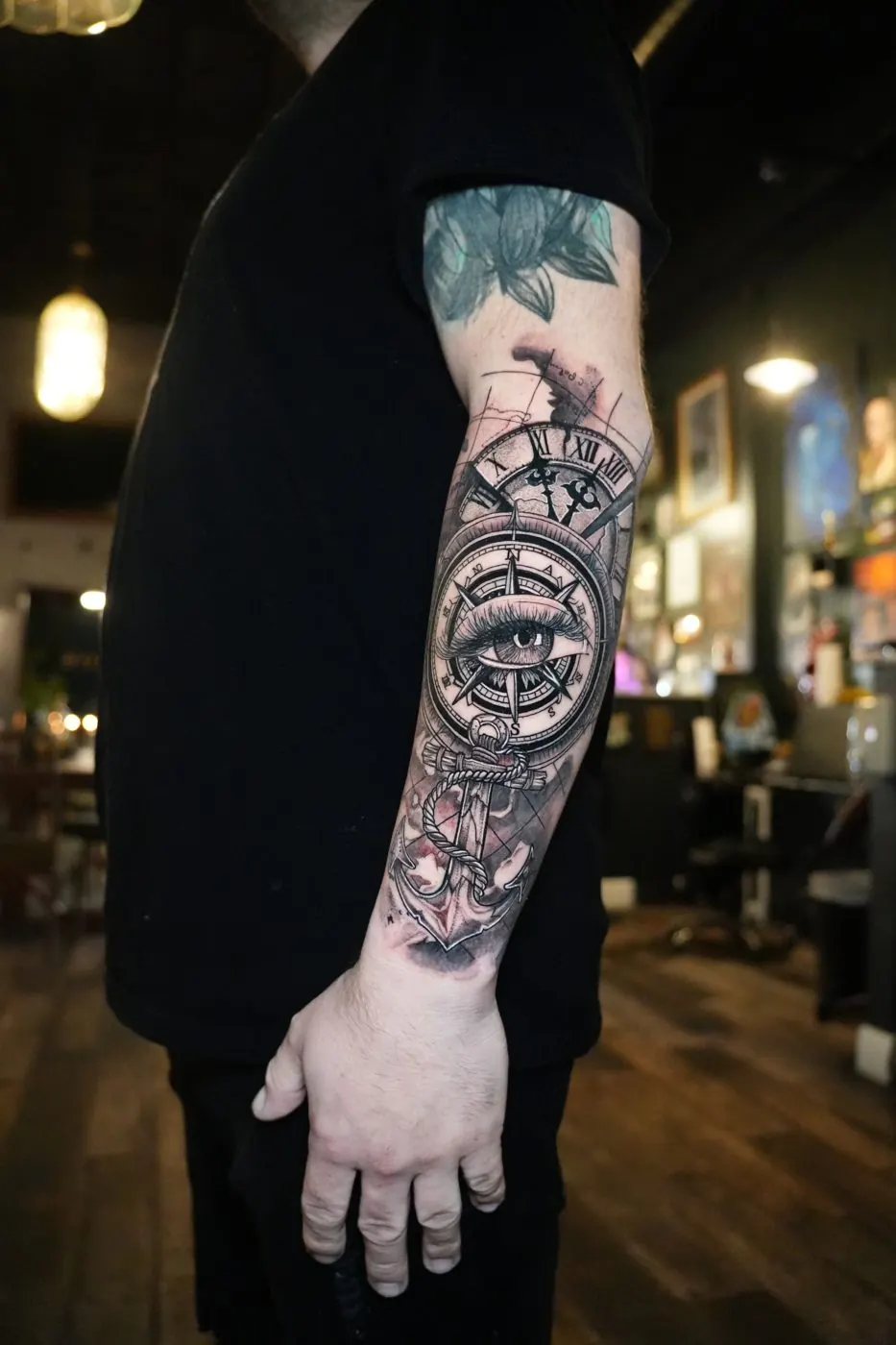 Completed full sleeve tattoo photographed in the studio