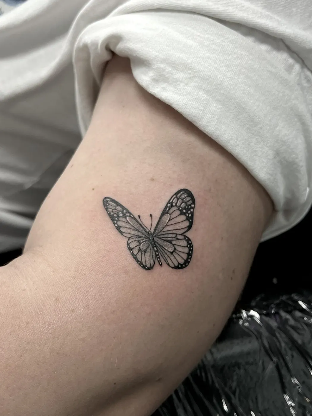 Delicate black and grey butterfly tattoo on an arm